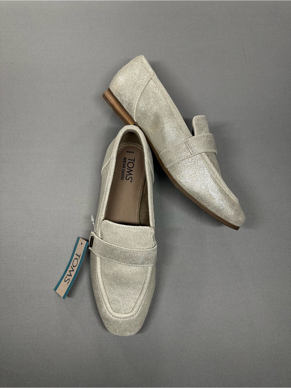 NWT TOMS Lynette Loafer, Champagne Metallic Suede - Womens 8
